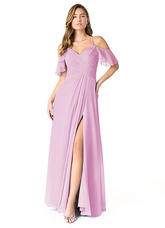 Azazie Dakota Vestidos de damas de honor Vestido de Rosa Caramelo de Gasa de Corte en A con Cuello en V plisado image1