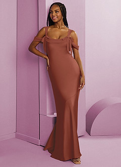 Barbie ♥ Azazie Jurken voor bruidsmeisjes Jurk van Stretch Satijn met Kolom Geplooid Kastanjebruin image10