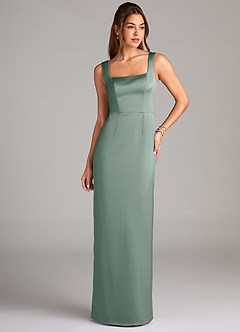 Azazie Flori Bridesmaid Dresses Silver Sage Sheath Side Slit Stretch Satin Dress image1