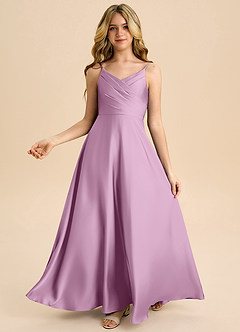 Azazie Bug Junior Linia A Pofałdowany Satyna elastyczna Długość podłogi Młodsza druhna Sukienka image1