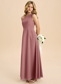 Azazie Phaedra Junior A라인 주름진 쉬폰 플로어 길이 주니어 신부 들러리 드레스 image1