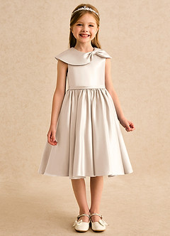 Azazie Acorn Flower Girl Dresses White Alabaster A-Line Pleated Matte Satin Dress image3