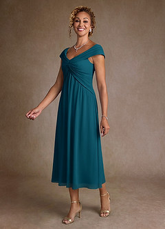 Azazie Mirta Mère de la mariée Robes Robe Trapèze en Blumen-Burnout Plissée Bleu Encre image4