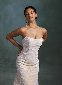 Azazie Ella At-home Try On Dresses Diamond White Champagne Mermaid Sweetheart Neckline Tulle Dress image12