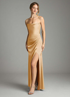 Azazie Leonis Bridesmaid Dresses Gold Mermaid Pleated Stretch Satin Convertible Dress image1