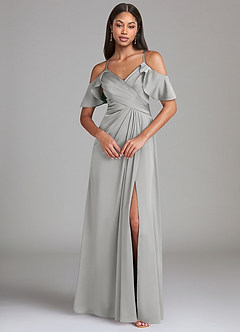 Azazie Dakota Bridesmaid Dresses Silver A-Line Off the Shoulder Stretch Satin Dress image3