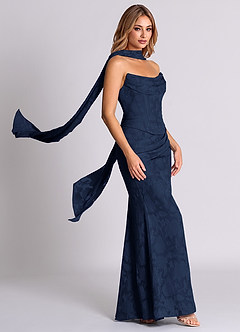 Azazie Sorrel Bridesmaid Dresses Dark Navy Mermaid Corset Floral Burnout Convertible Dress image4