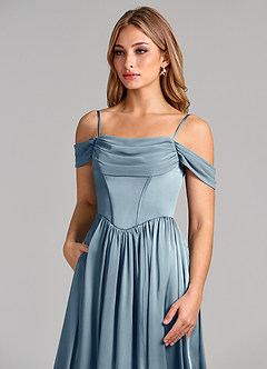 Azazie Raisa Bridesmaid Dresses Dusty Blue A-Line Off the Shoulder Stretch Satin Dress image7