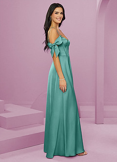 Barbie ♥ Azazie Bridesmaid Dresses Aqua A-Line Off the Shoulder Stretch Satin Dress image11