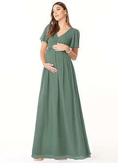 Azazie Verna At-home Try On Dresses A-Line V-Neck Ruched Chiffon Floor-Length Dress image3