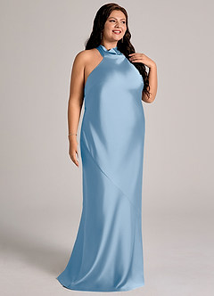 Azazie Velli Suknie dla druhen Syrena Wysoka Kołnierz Satyna elastyczna Do ziemi Sukienka image11