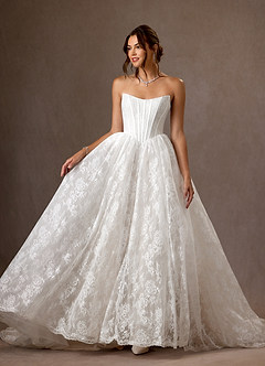 Azazie Demetria Vestidos de novia Vestido Diamante Blanco de Encaje de Corte Princesa con Palabra de honor image3