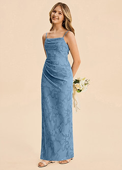 Azazie Mai Junior Steel Blue Sheath Ruched Floral Burnout Dress image1