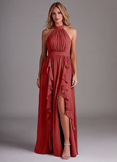 Azazie Avary Bridesmaid Dresses Rust A-Line Pleated Chiffon Dress image1