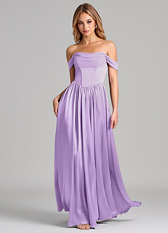 Azazie Raisa Bridesmaid Dresses Lilac A-Line Off the Shoulder Stretch Satin Dress image3