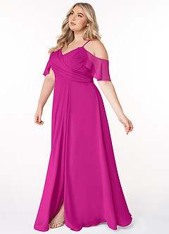 Azazie Dakota Bridesmaid Dresses Fuchsia A-Line V-Neck Pleated Chiffon Dress image3