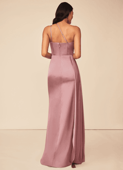 Azazie Maron Bridesmaid Dresses Dusty Rose A-Line One Shoulder Stretch Satin Dress image2