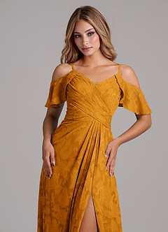 Azazie Dakota Abiti da Damigella Abito A-Line in Burnout Floreale a Spalla Scoperta Caramello image3