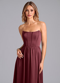 Azazie Leilana Robes de demoiselle d'honneur Robe Trapèze en Satin extensible Corset Merlot image6
