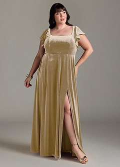 Azazie Bondi Brautjungfernkleider A-Linie Seitliche Cut-Outs Samt Kleid Goldene Bräune image7
