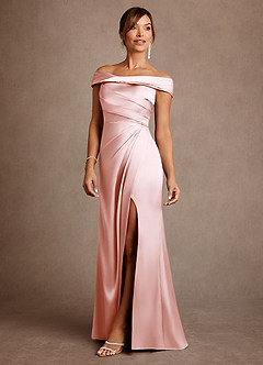 Azazie Bedford 신부의 어머니 드레스 쉬스 주름진 스트레치 새틴 플로어 길이 드레스 image2