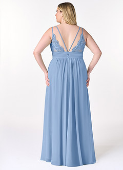 Azazie Maren Allure Vestidos de damas de honor Vestido de Azul Acero de Gasa de Corte En A con Cuello en V Encaje image7