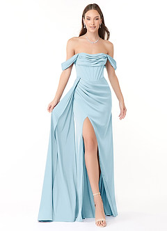 Azazie Amyra Bridesmaid Dresses Sky Blue Sheath Off the Shoulder Stretch Satin Convertible Dress image1