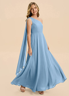 Azazie Averie Junior Vestido de Azul Acero de Gasa de Corte en A con Plisado image2