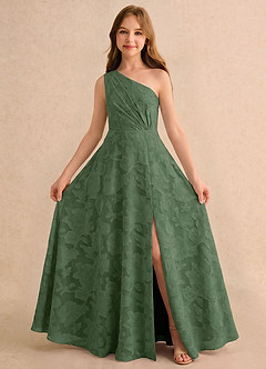 Azazie Pudles Girls Formal Robe Demoiselle D'honneur Fillette Robe Trapèze en Blumen-Burnout Asymétrique Eucalyptus image3