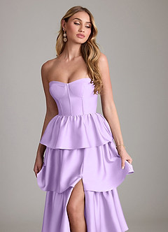 Azazie Faye Bridesmaid Dresses Lilac A-Line Ruched Stretch Satin Dress image5