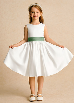 Azazie Sosie Blumenmädchenkleider A-Linie Plissee Matte Satin Kleid Elfenbein Matcha image2