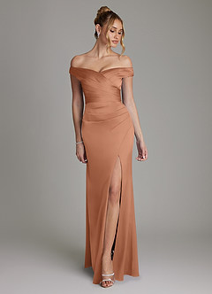 Azazie Teyana Bridesmaid Dresses Bronzer Sheath Off the Shoulder Stretch Satin Dress image1