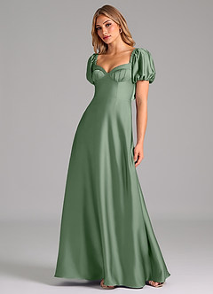 Azazie Fatima Vestidos de damas de honor Vestido de Matcha de Satén Elástico de Corte en A con Plisado image4