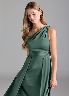 Azazie Dallas Vestidos de damas de honor Vestido de Eucalipto de Satén Elástico de Corte en A con Hombro unilateral image6