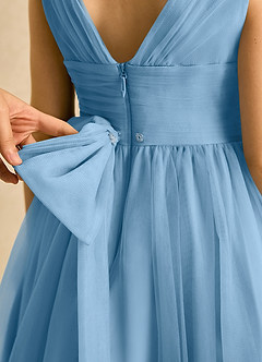 Azazie Macaron Jurken voor bloemenmeisjes A-Lijn Jurk van Tule Geplooid Staal Blauw image6