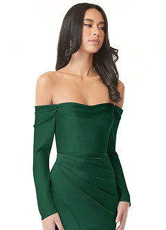 Azazie Hallie Bridesmaid Dresses Dark Green Sheath Off-The-Shoulder Long Sleeve Stretch Satin Convertible Dress image1