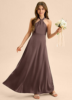 Azazie Beah Junior Ganache A-Line Pleated Stretch Satin Dress image5