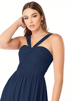 Azazie Dionne Vestidos de damas de honor Vestido de Azul Marino Oscuro de Gasa de Corte en A con Corsé image6