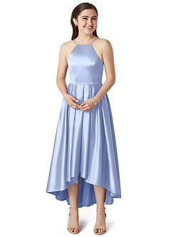 Azazie Jemima Junior Ice A-Line with Pockets Stretch Satin Dress image4