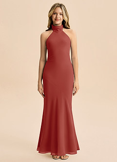 Azazie Velli Junior Meerjungfrau-Linie Hoher Kragen Chiffon Kleid Terrakotta image3