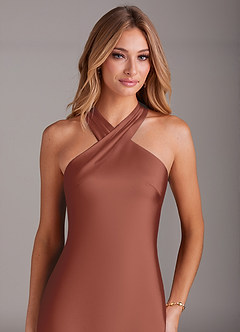 Azazie Doretta Bridesmaid Dresses Auburn Mermaid Pleated Stretch Satin Dress image5