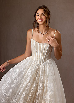 Azazie Demetria Wedding Dresses Diamond White Nude Ball-Gown Strapless Lace Dress image4
