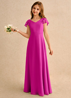 Azazie Nari Girls Formal Robe Demoiselle D'honneur Fillette Robe Trapèze en Mousseline de soie avec manches Fuchsia image1