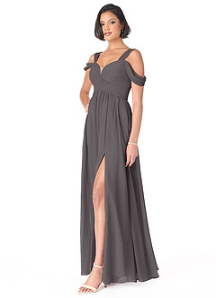 Azazie Lianne Abiti da Damigella Abito A-Line in Chiffon a Spalla Scoperta Grigio Acciaio image3