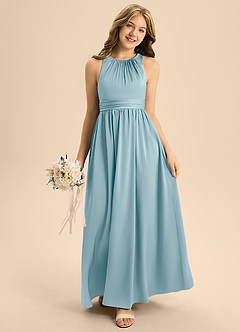 Azazie Jaylah Junior Moody Blue A-Line Pleated Stretch Satin Dress image3
