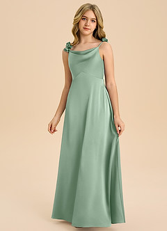 Azazie Gumdrop Junior 엠파이어 주름진 스트레치 새틴 플로어 길이 주니어 신부 들러리 드레스 image3