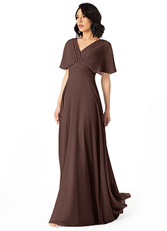 Azazie Pamela Robes de demoiselle d'honneur Robe Trapèze en Mousseline de soie Col V plissé Ganache image3