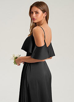Azazie Jean Bridesmaid Dresses Black A-Line Off the Shoulder Stretch Satin Dress image7