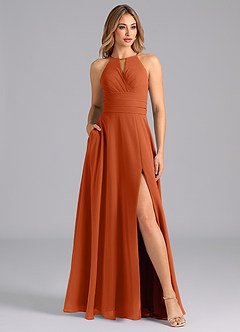 Azazie Denver Bridesmaid Dresses Burnt Orange A-Line Pleated Chiffon Dress image1