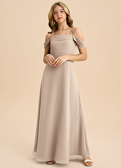 Azazie Anselie Junior Taupe A-Line Off the Shoulder Chiffon Dress image3